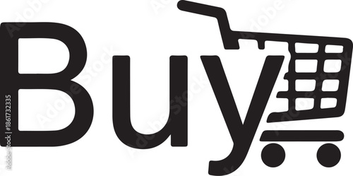 Minimalist black and white buy text logo design with shopping cart handle and price tag