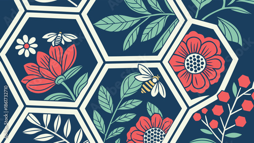Floral Honeycomb Pattern with Bees and Botanical Illustrations