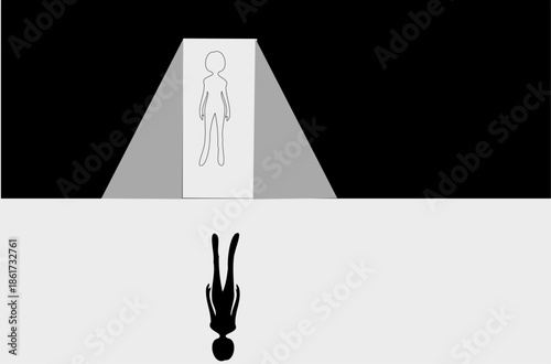 Minimalist silhouette illustration showing a person upside down facing a reflected figure, symbolizing identity, self-reflection, inner conflict, and psychological contrast.