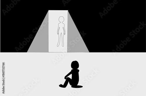 Conceptual silhouette illustration of a lonely figure sitting while another figure is highlighted by light, representing isolation, observation, exclusion, and social distance.