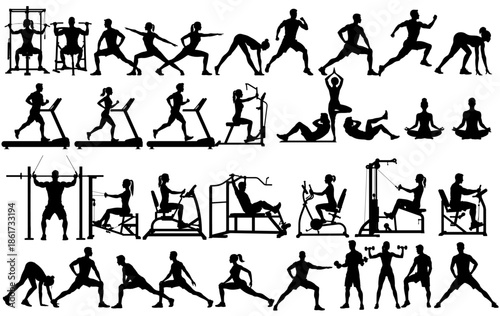 Silhouette illustration set of people exercising in the gym