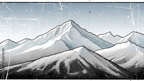 Snowy mountain range landscape with rugged peaks and blue sky in a comic book style illustration with halftone effect