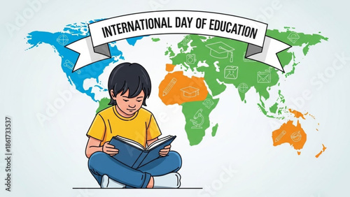 International day of education, a young boy reading a book sitting on the floor with a world map behind him, symbolizing global learning and literacy