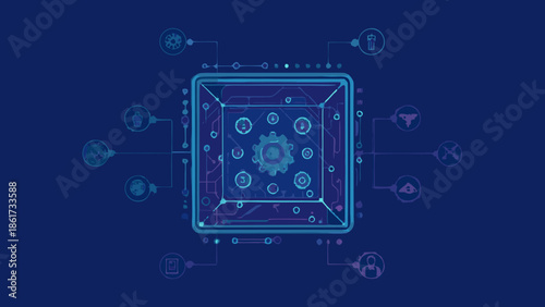 Futuristic control panel with glowing blue lines and gears on dark background, technology