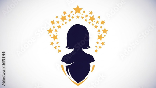 Golden stars halo around a woman silhouette with short hair and shield emblem on white background, symbolizing protection and achievement