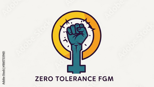 Zero tolerance female genital mutilation fgm awareness symbol with raised fist and female sign in yellow circle breaking free from shackles