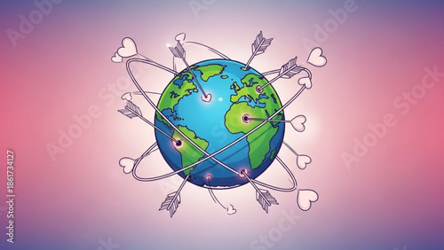 Globe surrounded by arrows and hearts symbolizing global love and connection in a vibrant illustration