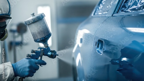 Automotive refinishing: Worker applying fresh coat of blue paint using spraying equipment,