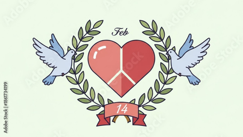 Valentines day illustration with heart and doves in wreath, romantic symbol for love and couple on february 14