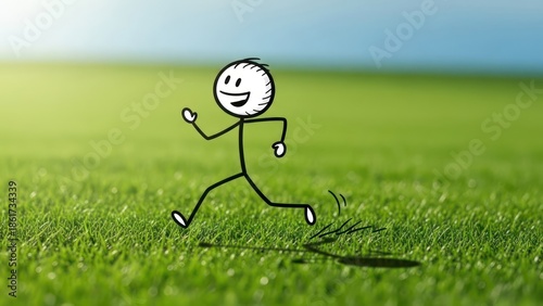 Cheerful stick figure enthusiastically running across a lush, vibrant green grass lawn under a