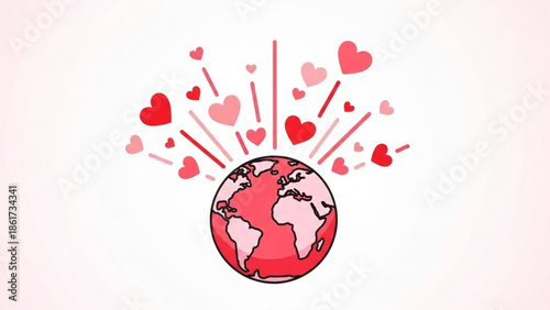 Globe surrounded by hearts and rays on white background, love for the planet, valentines day concept, global affection illustration