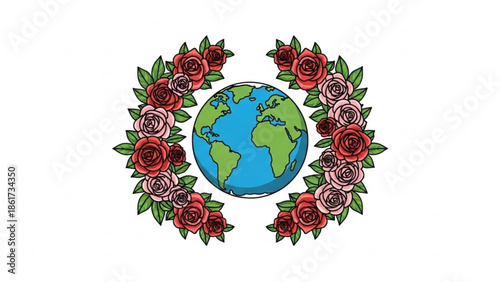 Globe surrounded by wreath of colorful roses on white background, earth day concept, environmental illustration