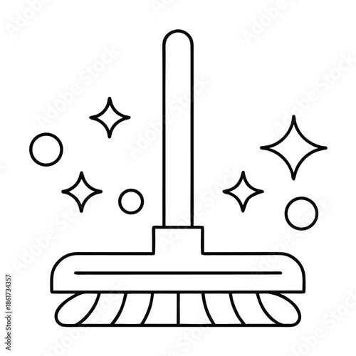 Simple line art icon representing a clean broom ready for sweeping floors and dusting surfaces