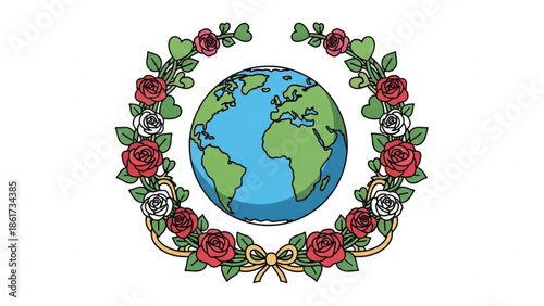 Earth globe surrounded by floral wreath with red white roses on white background, eco friendly concept illustration