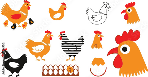 Collection of cartoon chickens and chicks in various styles and colors rooster farm