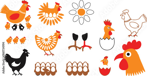 Collection of cartoon chickens hens and chicks in various poses and colors rooster