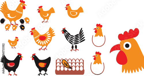 Collection of stylized orange and black chickens and chicks with eggs and a leaf rooster bird