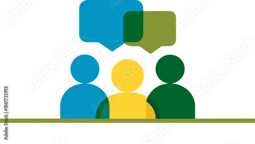 Simple flat design of a group discussion scene with three people and speech bubbles