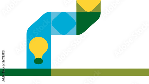 Simple flat vector graphic of curved pathways and shapes with a lightbulb on a white