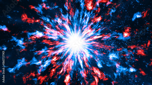 Foto Glowing plasma energy explosion animation of blue red spark particles softly bur