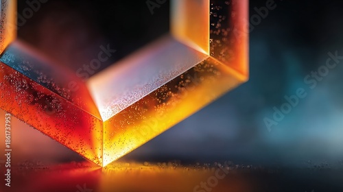 Close-up of a glowing amber crystal structure with internal textures and warm light. Great for energy research, luxury jewelry blogs, or tech articles on advanced materials and semiconductors.