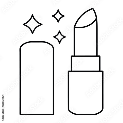 Open lipstick icon with cap and sparkles in simple black outline style