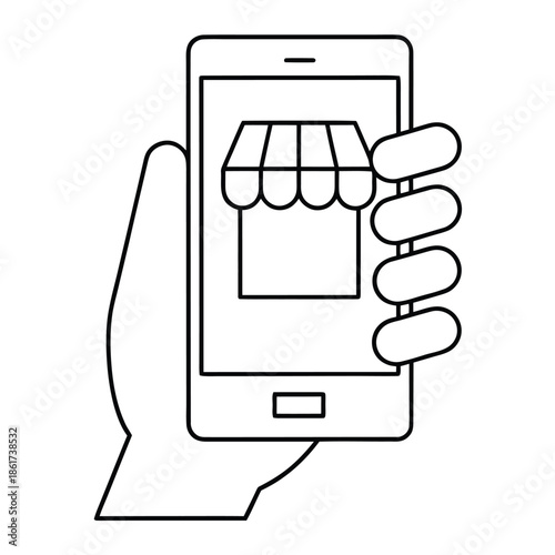 Hand holding smartphone displaying online store icon for mobile commerce and shopping