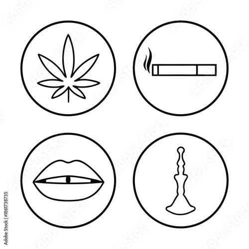 Set of four black and white icons representing smoking and cannabis culture concepts