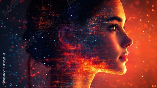 side profile silhouette overlaid with glowing red and blue digital circuitry and starry particles, evoking a futuristic contemplative mood