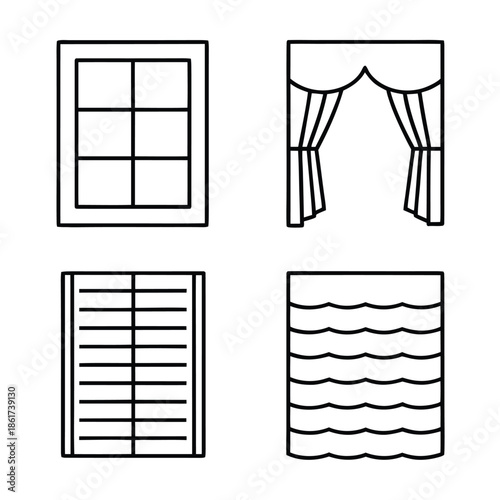 Four distinct window and curtain icons presented in a simple black outline graphic style