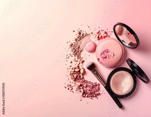 Makeup products scattered on a light pink surface, overhead shot