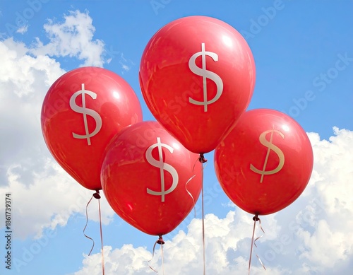 Four red balloons with dollar signs floating against a blue sky