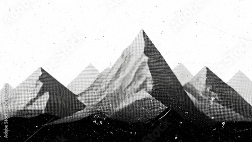 Black and white illustration of a mountain range with sharp peaks and a clear sky
