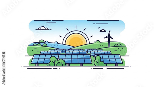Renewable energy farm with solar panels and wind turbine at sunrise
