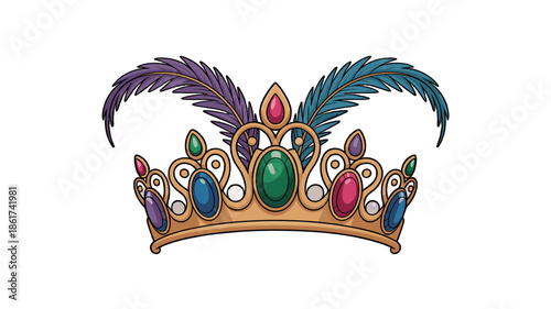 A beautifully crafted crown adorned with colorful jewels and feathers.