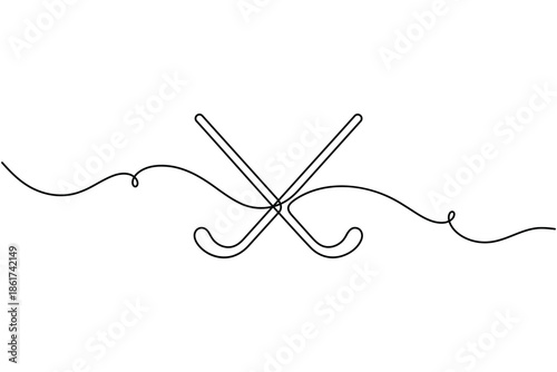 Hockey stick icon and sign continuous one line drawing on white background minimalist single art sport equipment symbol outline vector illustration