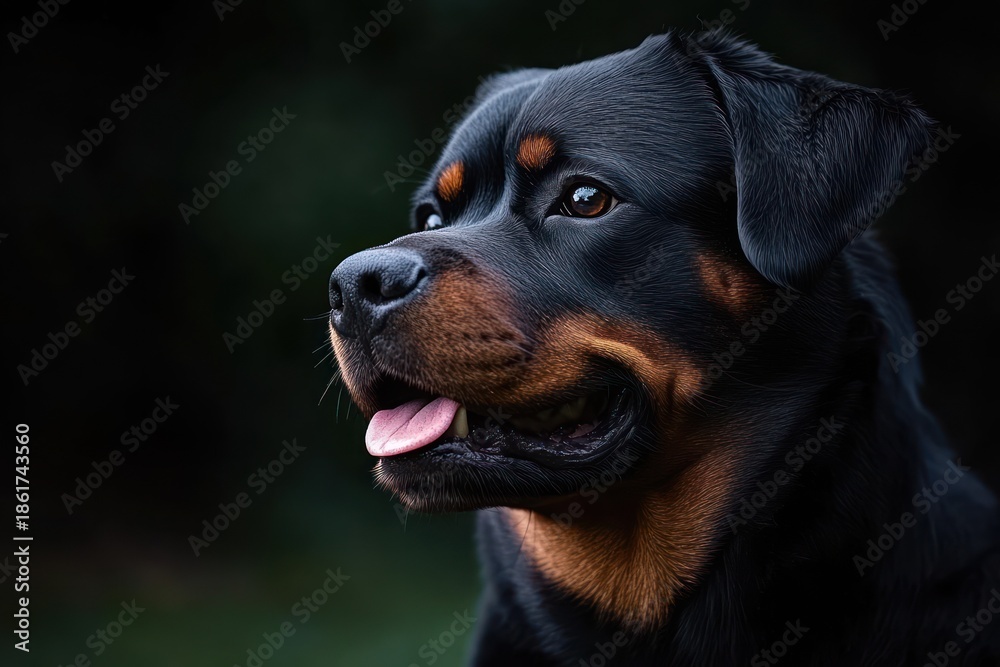 Obraz premium close-up portrait of a black and tan dog with glossy coat and tongue out, alert and content expression against a dark blurred background