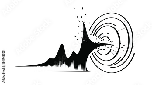 Abstract sound wave transforming into circular energy pulses and particles
