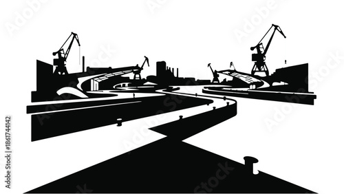 Dramatic industrial harbor with cranes and waterways under a stark sky, evoking a sense of powerful infrastructure and maritime activity.