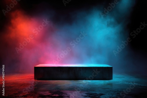 Concrete platform with red and blue lights in smoke