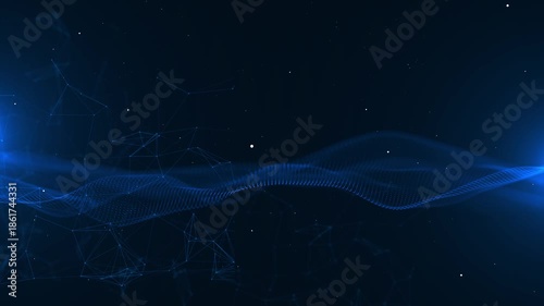 Abstract digital wave of blue particles flowing in a dark futuristic background