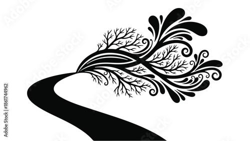 Whimsical tree branches transform into flowing ink splatters, suggesting creative growth and imagination.