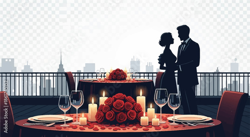 Romantic Silhouette of a Couple Having Candlelight Dinner on Balcony with City Skyline View