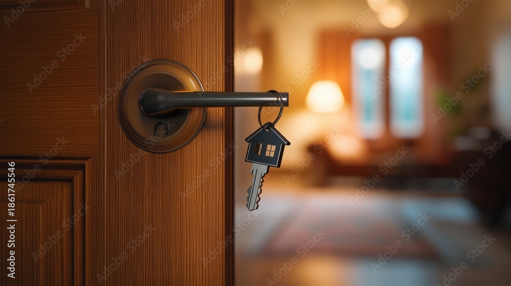 Obraz premium house-shaped key on a metal keyring hanging from a door handle of a wooden door with a warm cozy living room visible through the open door, inviting atmosphere
