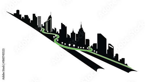 Vibrant green pathway winds through a stylized city skyline at dusk.