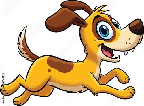 Happy cartoon dog running with a joyful expression and wagging tail on a white background