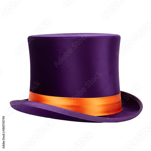 purple top hat with orange ribbon on white background