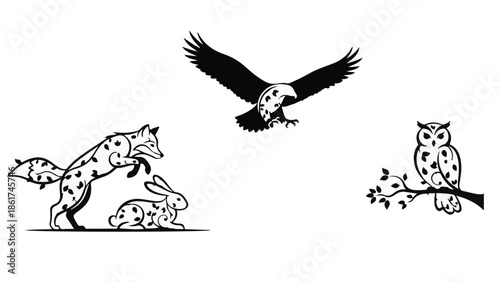 Wild animals in action: fox hunting rabbit, eagle flying, owl perched on branch