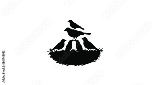Family of birds nestled together in a cozy nest, symbolizing unity and togetherness.