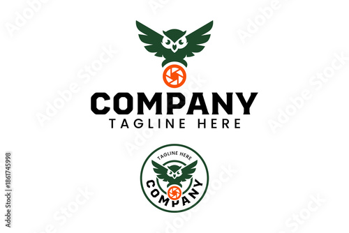 Camera shutter with owl flying modern logo design set for photography. Owl bird with camera lens diaphragm minimalist badge logo design set. Bird of prey holding aperture lens logo design for studio